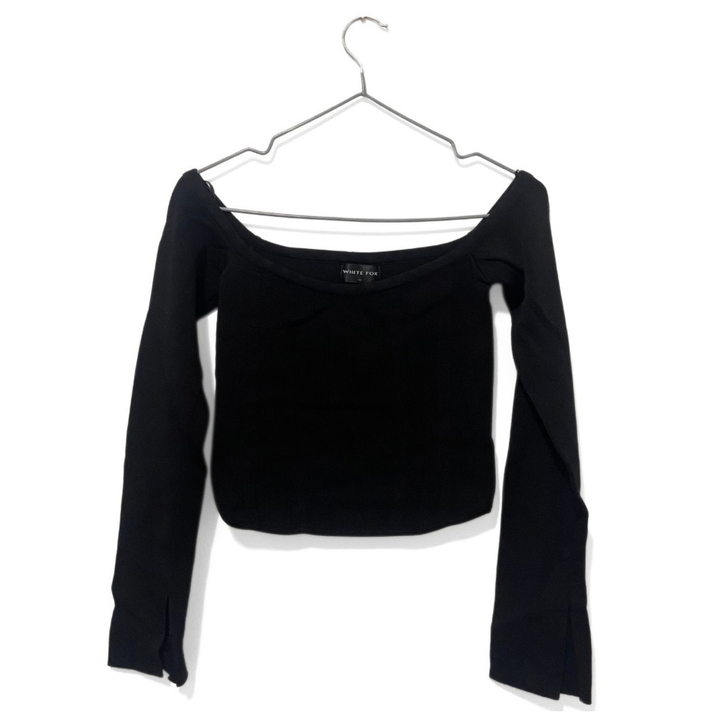 White Fox Black O-Neck Textured Cropped Going-Out Long Sleeve Top Size Small